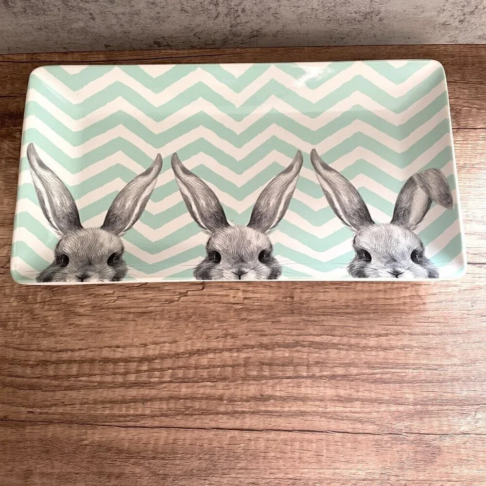 Pier 1 Easter Bunny Ears Chevron Stripe Porcelain Rectangle Platter 14.5
